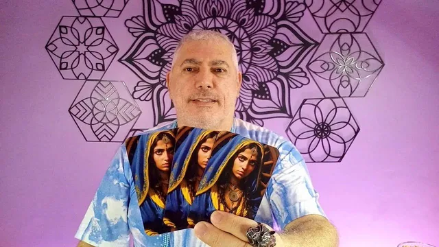 Henrique T’Oyá de camisa azul e branca, com três cartas ilustradas com mulheres de capuz azul, diante da parede de mandalas